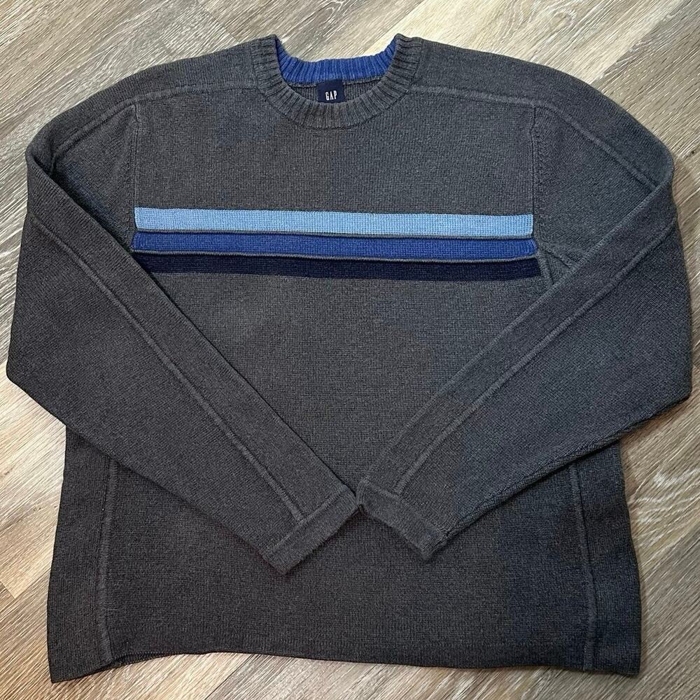 Vintage GAP Y2K Gray & Blue Striped Crewneck Sweater - Men’s Small